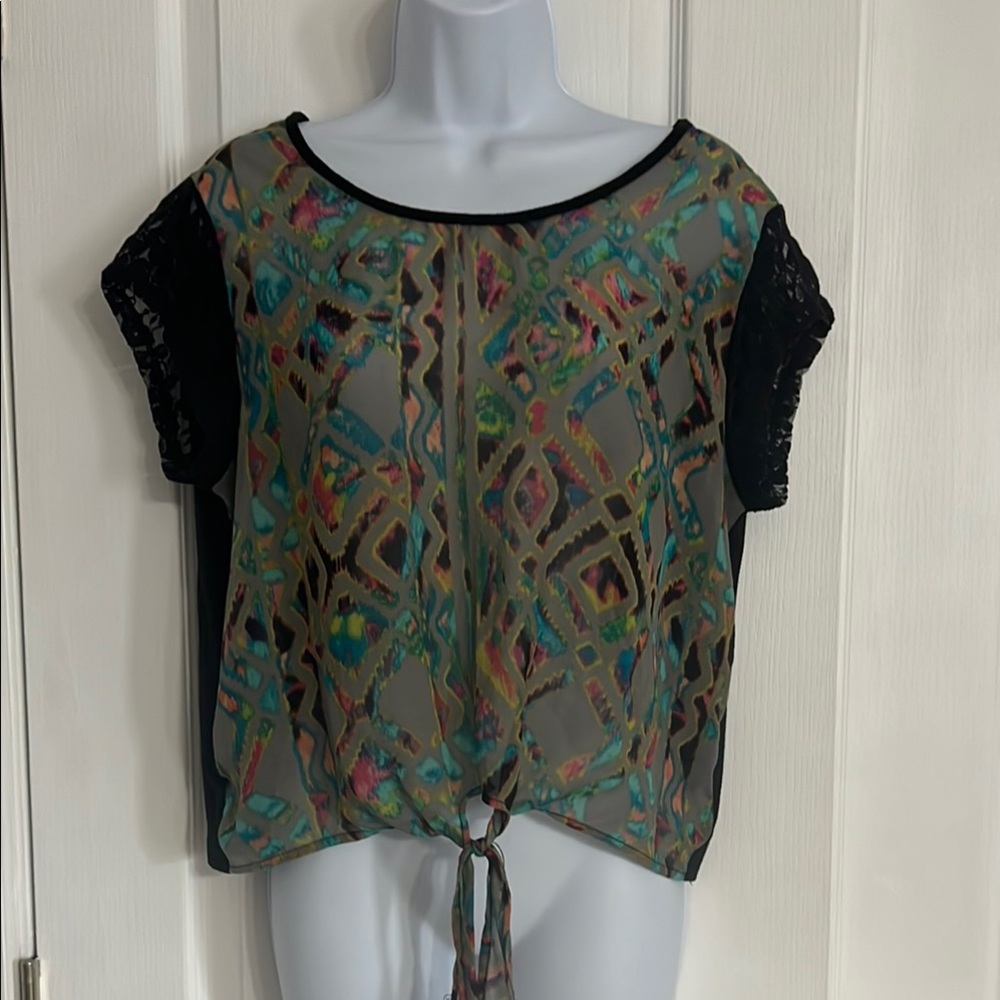 Material Girl Green and Brown Boxy Tie Front Blouse